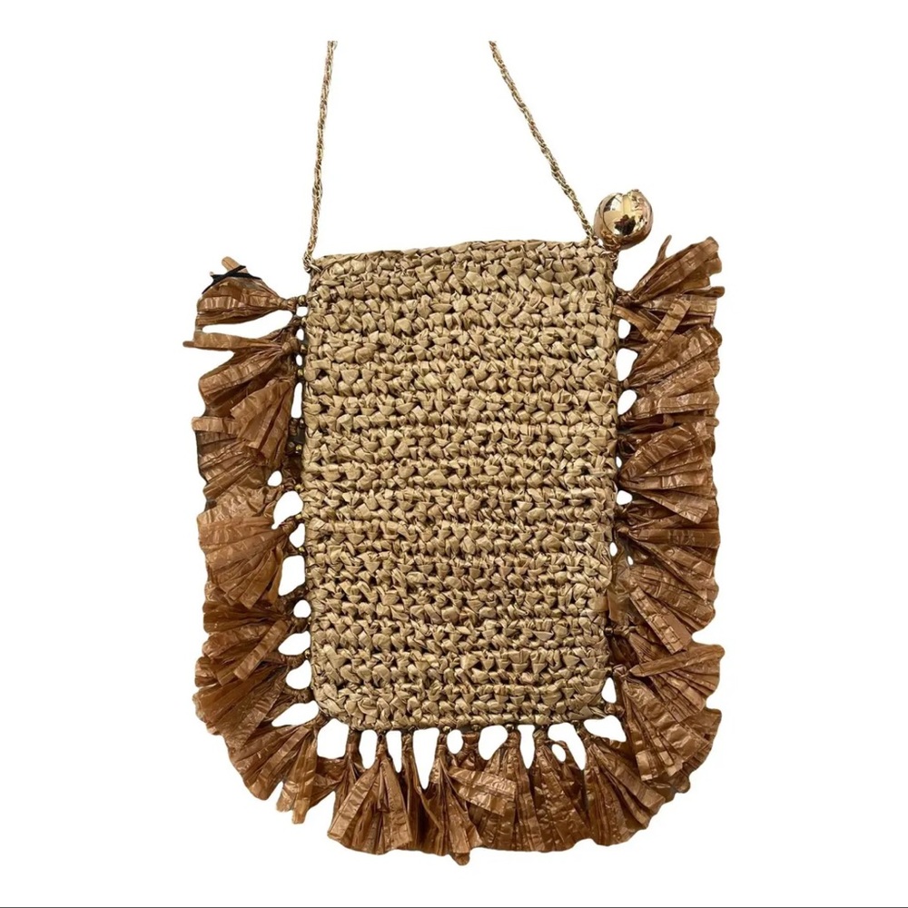 Stylish Woven Tan Cell Phone Shoulder Bag with Ruffle Trim
